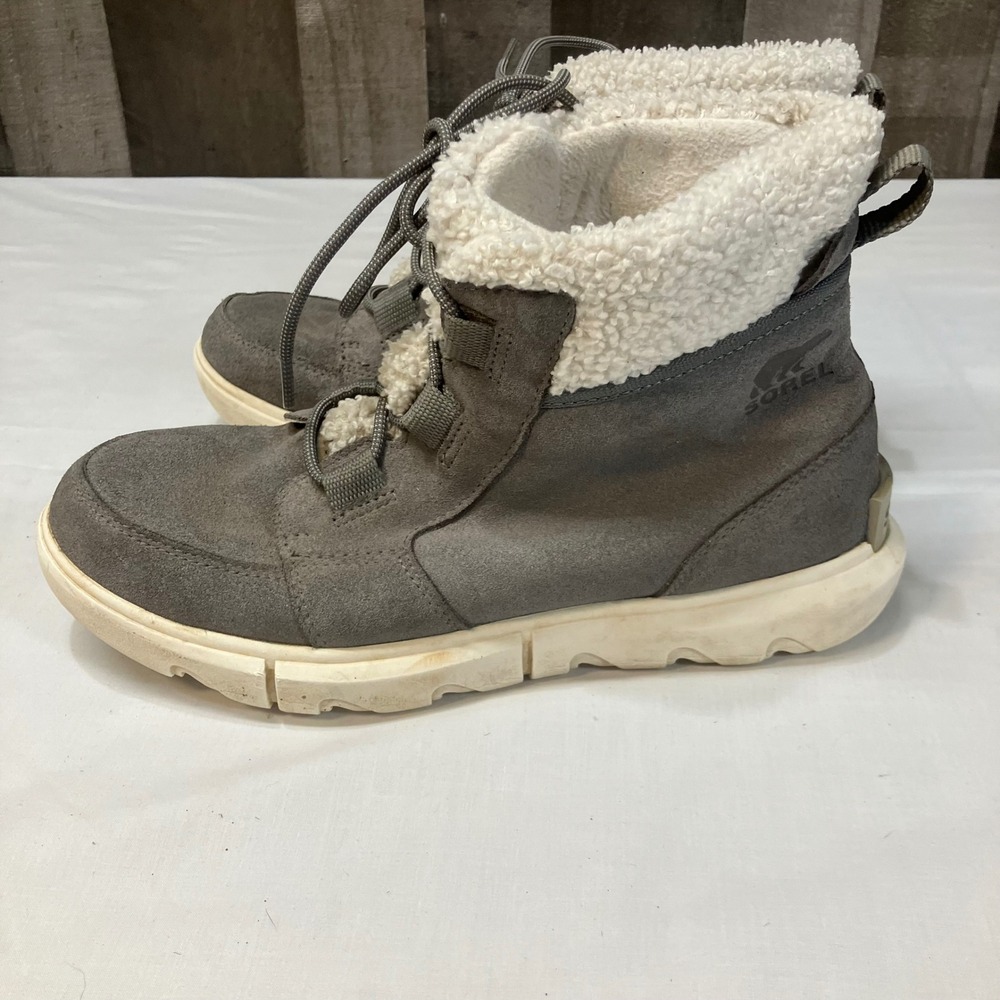 Sorel Explorer Carnival Waterproof Suede Boots Quarry Grey Faux Fur Womens 9